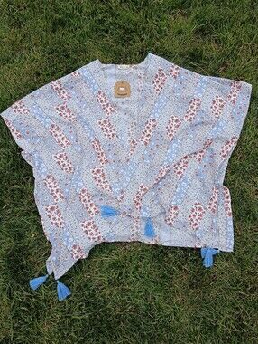 NWT Baby Blue Floral Lightweight Shawl Tassel Trim - Boho Resortwear Coverlet